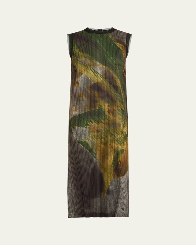 Brushstroke Print Pleated Midi Shift Dress
